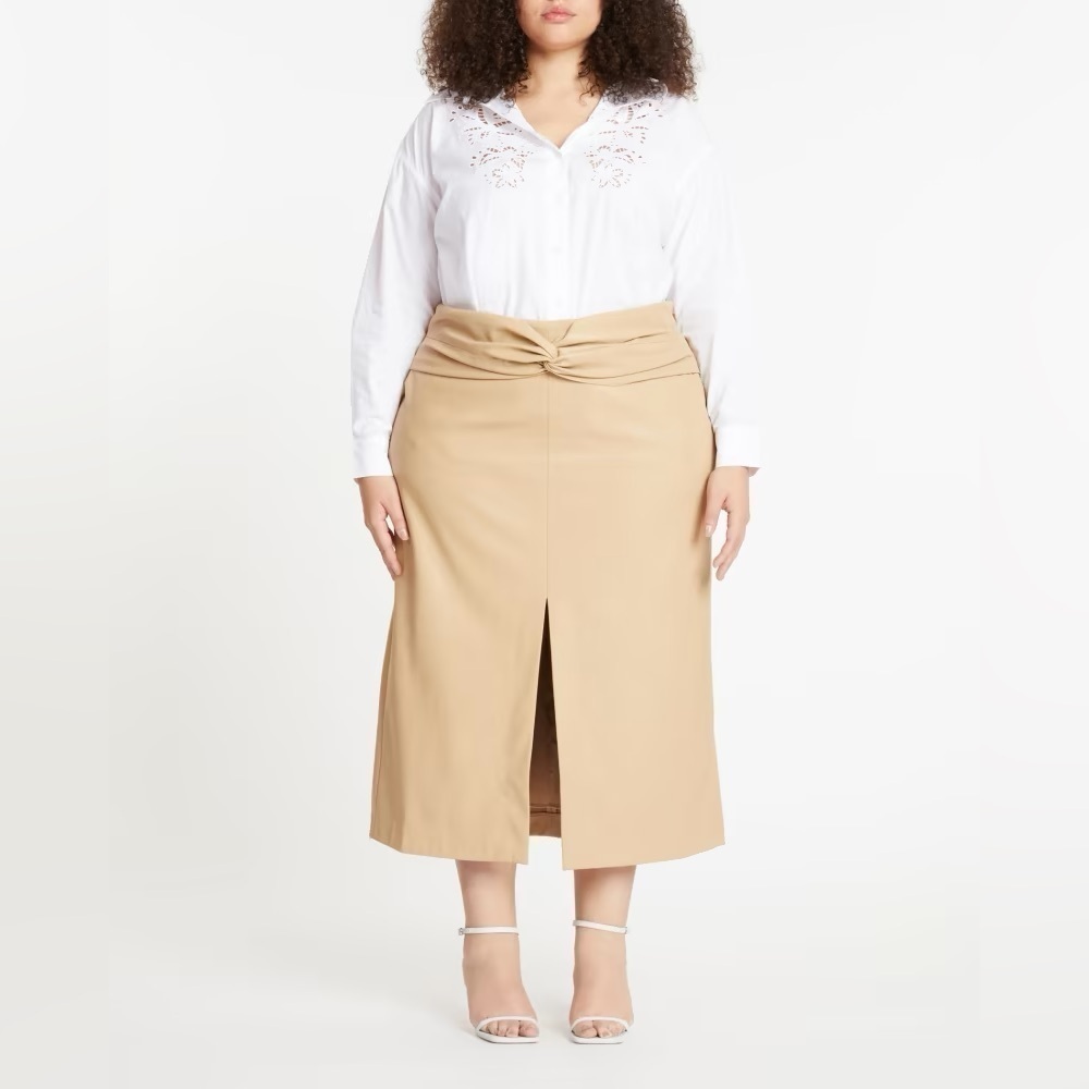 Tanya Taylor Tan Knot-Front Midi Skirt with Center Slit